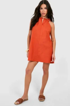 Smock Dresses*boohoo Petite Tie Neck Mini Dress terracotta