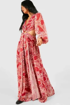 Skater Dresses*boohoo Petite Tile Print Ring Detail Cut Out Maxi Dress rust
