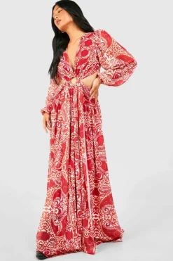 Skater Dresses*boohoo Petite Tile Print Ring Detail Cut Out Maxi Dress rust