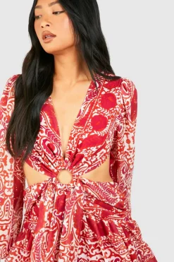 Skater Dresses*boohoo Petite Tile Print Ring Detail Cut Out Maxi Dress rust