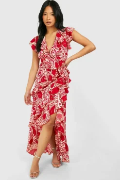 Wrap Dresses*boohoo Petite Tile Print Wrap Ruffle Maxi Dress rust