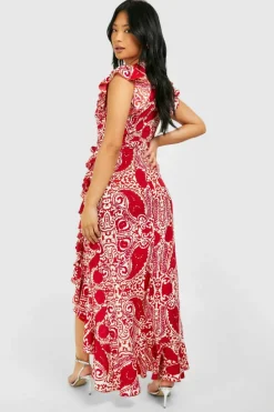 Wrap Dresses*boohoo Petite Tile Print Wrap Ruffle Maxi Dress rust