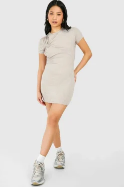 T-Shirt Dresses|Shirt Dresses*boohoo Petite Twist Detail Tshirt Dress oatmeal