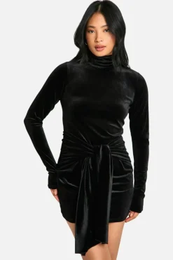 Wrap Dresses*boohoo Petite Velvet High Neck Wrap Detail Mini Dress black