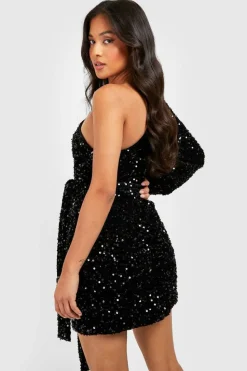 Wrap Dresses*boohoo Petite Velvet Sequin Asymmetric Wrap Dress black