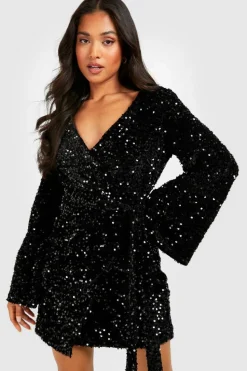 Wrap Dresses*boohoo Petite Velvet Sequin Flare Sleeve Wrap Dress black