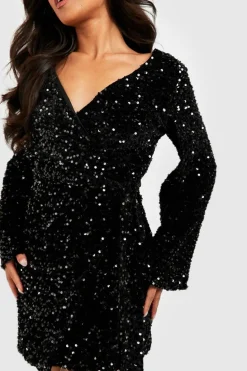 Wrap Dresses*boohoo Petite Velvet Sequin Flare Sleeve Wrap Dress black