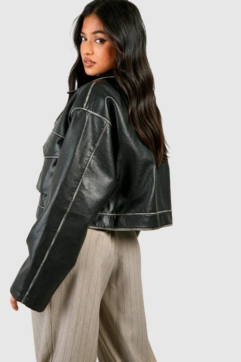 Up To 80% Off Winter Warmers|Coats & Jackets*boohoo Petite Vintage Look Faux Leather Pocket Detail Jacket black
