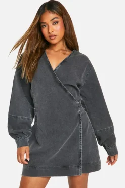 Wrap Dresses|Mini Dresses*boohoo Petite Volume Sleeve Denim Wrap Dress grey