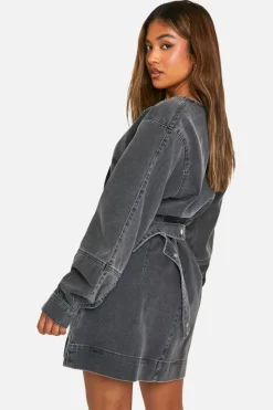 Wrap Dresses|Mini Dresses*boohoo Petite Volume Sleeve Denim Wrap Dress grey