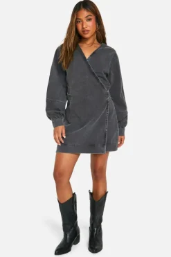 Wrap Dresses|Mini Dresses*boohoo Petite Volume Sleeve Denim Wrap Dress grey