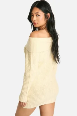 Jumper Dresses|Jumper Dresses*boohoo Petite Wide Rib Bardot Neckline Mini Jumper Dress stone