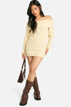 Jumper Dresses|Jumper Dresses*boohoo Petite Wide Rib Bardot Neckline Mini Jumper Dress stone