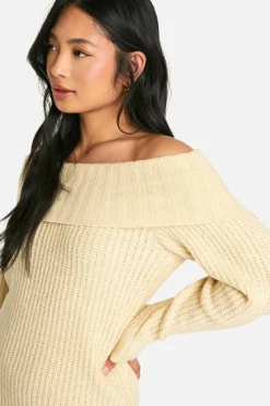 Jumper Dresses|Jumper Dresses*boohoo Petite Wide Rib Bardot Neckline Mini Jumper Dress stone