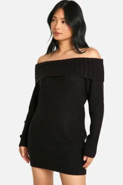 Jumper Dresses|Jumper Dresses*boohoo Petite Wide Rib Bardot Neckline Mini Jumper Dress black