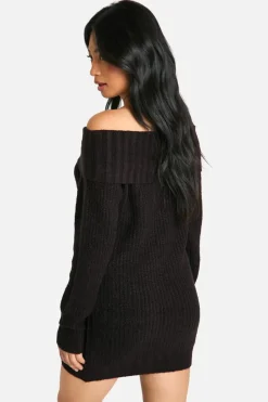 Jumper Dresses|Jumper Dresses*boohoo Petite Wide Rib Bardot Neckline Mini Jumper Dress black