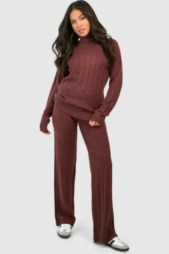 Up To 80% Off Winter Warmers|Co-Ord Sets*boohoo Petite Wide Rib Roll Neck & Trouser Knitted Co-ord chocolate