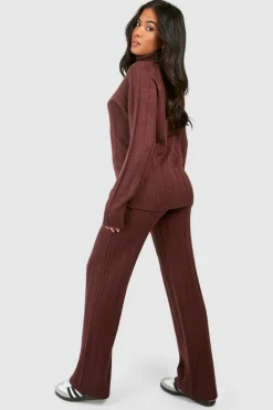 Up To 80% Off Winter Warmers|Co-Ord Sets*boohoo Petite Wide Rib Roll Neck & Trouser Knitted Co-ord chocolate