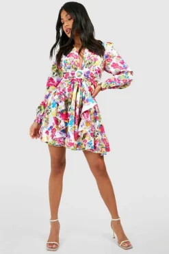 Wrap Dresses*boohoo Petite Wrap Cut Out Ruffle Skater Dress white