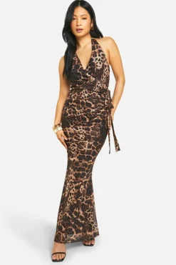 Wrap Dresses*boohoo Petite Wrap Print Halter Neck Maxi Dress leopard