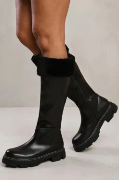 Chunky Boots*Where's That From Peyton' Below Knee Boot With Chunky Sole And Fur Trim Black