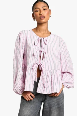 Long Sleeve Tops*boohoo And Green Stripe Tie Front Puff Long Sleeve Smock Top pink
