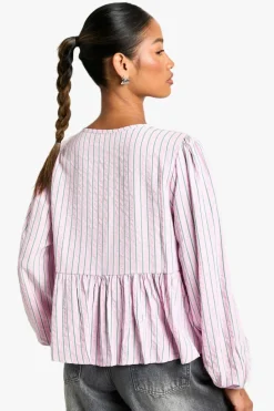 Long Sleeve Tops*boohoo And Green Stripe Tie Front Puff Long Sleeve Smock Top pink