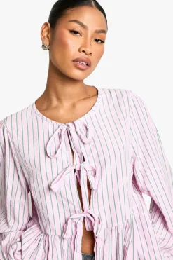 Long Sleeve Tops*boohoo And Green Stripe Tie Front Puff Long Sleeve Smock Top pink