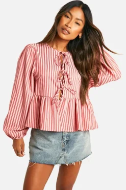 Long Sleeve Tops*boohoo And Red Stripe Tie Front Puff Long Sleeve Smock Top pink