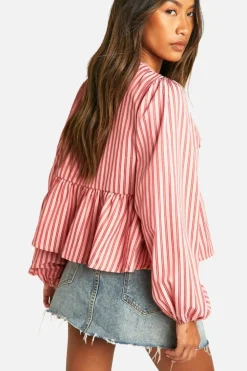 Long Sleeve Tops*boohoo And Red Stripe Tie Front Puff Long Sleeve Smock Top pink