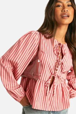 Long Sleeve Tops*boohoo And Red Stripe Tie Front Puff Long Sleeve Smock Top pink