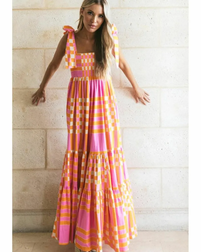 Smock Dresses*Azura Exchange Boho Gingham Tied Straps Smocked Maxi Dress Pink