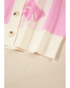Cardigans*Azura Exchange Bowknot Checkered Pattern V Neck Drop Shoulder Button Up Cardigan Pink
