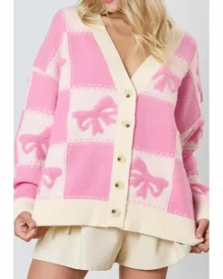 Cardigans*Azura Exchange Bowknot Checkered Pattern V Neck Drop Shoulder Button Up Cardigan Pink