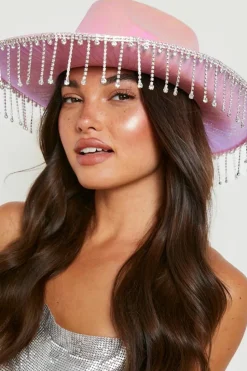 Hats & Gloves|Hats & Gloves*boohoo Diamante Tassel Trim Cowboy Hat pink