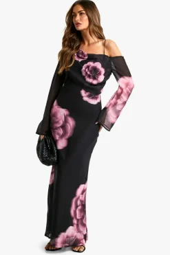 Maxi Dresses|Long Sleeve Dresses*boohoo Pink Floral Asymmetric Chiffon Maxi Dress black
