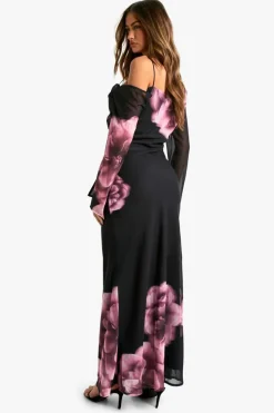 Maxi Dresses|Long Sleeve Dresses*boohoo Pink Floral Asymmetric Chiffon Maxi Dress black