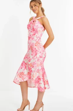 Midi Dresses*Quiz Floral Print Frill Halter Neck Midi Dress Pink
