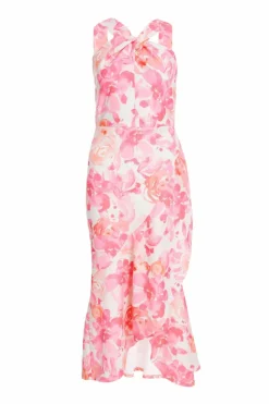 Midi Dresses*Quiz Floral Print Frill Halter Neck Midi Dress Pink