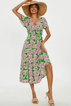 Wrap Dresses*FS Collection Floral Print Hem Tiered Wrap Midi Dress In Green Pink
