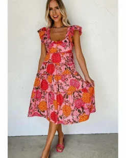 Midi Dresses*Azura Exchange Floral Square Neck Ruffled Flutter Sleeve Tiered Midi Dress Pink