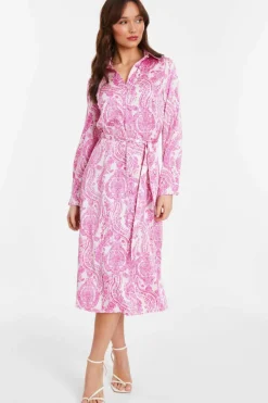 Shirt Dresses|Midi Dresses*Quiz Paisley Satin Shirt Midi Dress Pink
