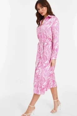 Shirt Dresses|Midi Dresses*Quiz Paisley Satin Shirt Midi Dress Pink