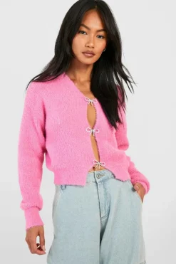 Cardigans*boohoo Petite Fluffy Yarn Bow Detail Cardigan pink