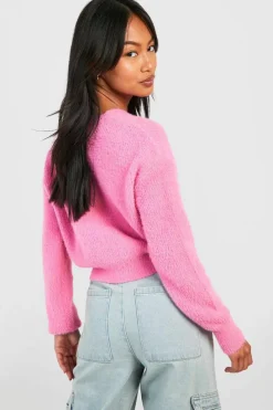 Cardigans*boohoo Petite Fluffy Yarn Bow Detail Cardigan pink