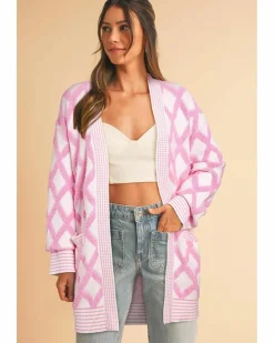 Cardigans*Azura Exchange Rhombus Pattern Knit Open Front Pocketed Cardigans Pink