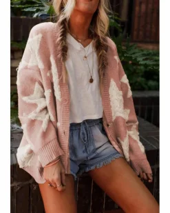 Cardigans*Azura Exchange Sherpa Star Pattern Textured Sweater Cardigan with Pockets Pink
