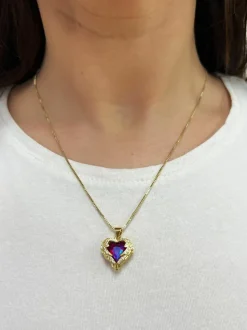 Necklaces*SVNX Pink Stone Heart Necklace In a Diamante Setting Gold