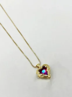 Necklaces*SVNX Pink Stone Heart Necklace In a Diamante Setting Gold