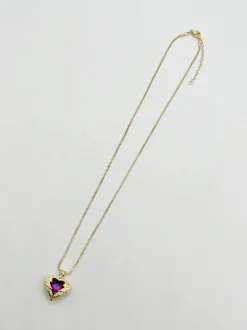 Necklaces*SVNX Pink Stone Heart Necklace In a Diamante Setting Gold